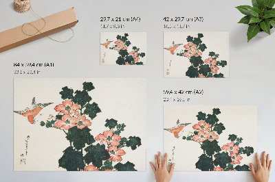 Plakat do salonu Czerwone róże i ptak Katsushiki Hokusai (1760–1849), japoński drzeworyt vintage