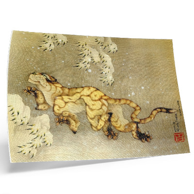 Nowoczesny plakat dekoracyjny Katsushika Hokusai (1760–1849), Tygrys na śniegu. Wiszący zwój, tusz i kolor na jedwabiu, 1849