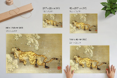 Nowoczesny plakat dekoracyjny Katsushika Hokusai (1760–1849), Tygrys na śniegu. Wiszący zwój, tusz i kolor na jedwabiu, 1849