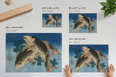 Grafika na ścianę Karp pływający wśród wodorostów wodnych (1831) – japońska ilustracja przedstawiająca rybę