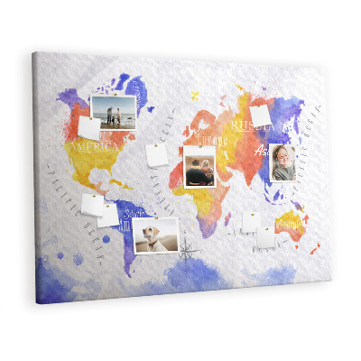 Tablica korkowa kolorowa Akwarela mapa świata