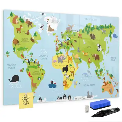 Mapa świata ze zwierzętami tablica magnetyczna do pisania