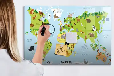 Mapa świata ze zwierzętami tablica magnetyczna do pisania