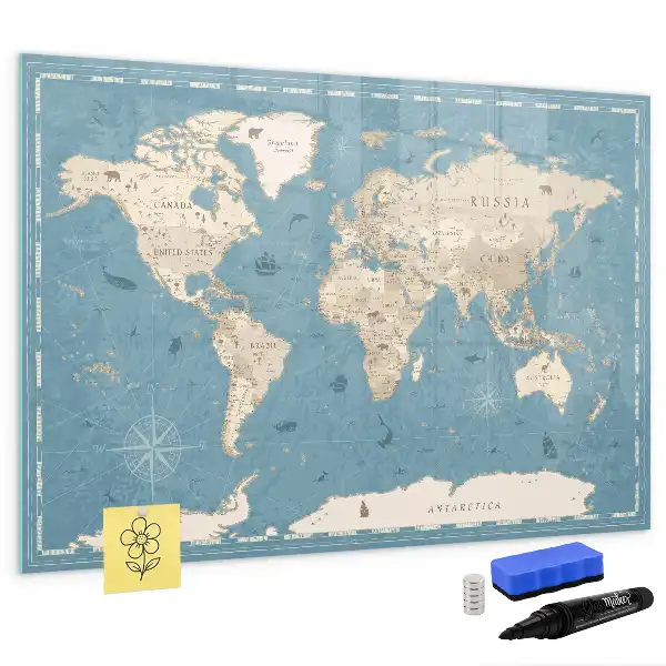 Mapa świata vintage z tablicą magnetyczną i pisakiem