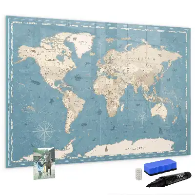 Mapa świata vintage z tablicą magnetyczną i pisakiem