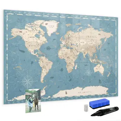 Mapa świata vintage z tablicą magnetyczną i pisakiem
