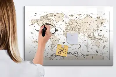 Mapa świata vintage z tablicą magnetyczną i pisakiem