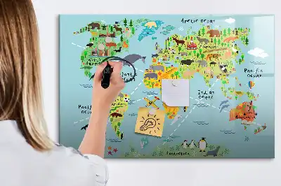 Mapa świata ze zwierzętami tablica magnetyczna do pisania