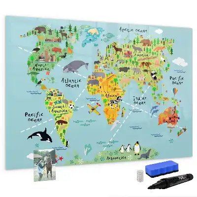 Mapa świata ze zwierzętami tablica magnetyczna do pisania