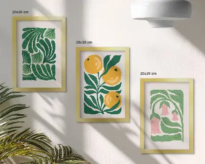 Tryptyk w ramie minimalistyczne wzory roślinne z owocami i liśćmi