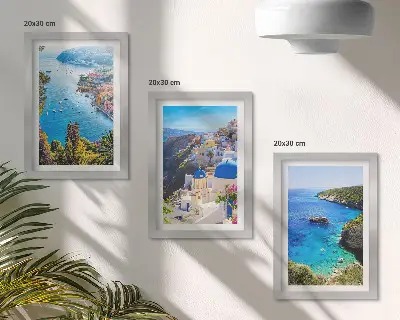 Zestaw obrazów dekoracja ścienna z greckimi nadmorskimi widokami i miastem Oia na Santorini