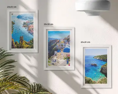 Zestaw obrazów dekoracja ścienna z greckimi nadmorskimi widokami i miastem Oia na Santorini