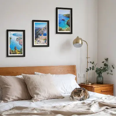 Zestaw obrazów dekoracja ścienna z greckimi nadmorskimi widokami i miastem Oia na Santorini