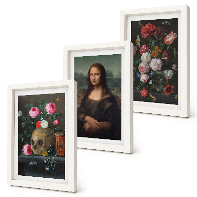 Zestaw 3 obrazów w ramie Vintage kwiaty czaszka i portret Mona Lisy Leonardo da Vinci