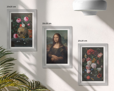 Zestaw 3 obrazów w ramie Vintage kwiaty czaszka i portret Mona Lisy Leonardo da Vinci