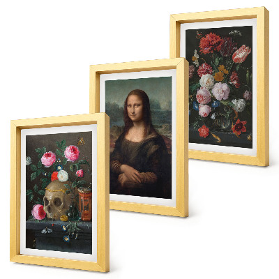 Zestaw 3 obrazów w ramie Vintage kwiaty czaszka i portret Mona Lisy Leonardo da Vinci