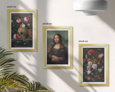 Zestaw 3 obrazów w ramie Vintage kwiaty czaszka i portret Mona Lisy Leonardo da Vinci