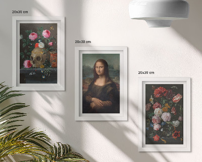 Zestaw 3 obrazów w ramie Vintage kwiaty czaszka i portret Mona Lisy Leonardo da Vinci