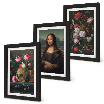 Zestaw 3 obrazów w ramie Vintage kwiaty czaszka i portret Mona Lisy Leonardo da Vinci