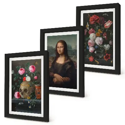 Zestaw 3 obrazów w ramie z motywem vintage kwiatów, czaszki i portretu Mony Lisy Leonarda da Vinci