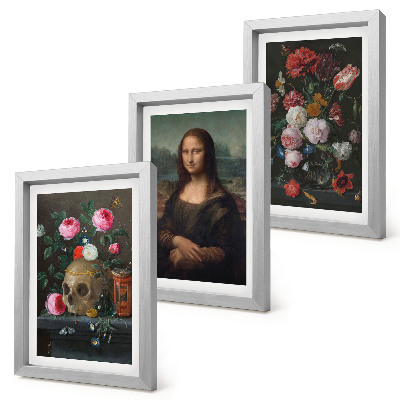 Zestaw 3 obrazów w ramie Vintage kwiaty czaszka i portret Mona Lisy Leonardo da Vinci