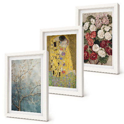 Zestaw 3 obrazów w ramie Kwiaty i drzewa w stylu malarskim Pocałunek Gustav Klimt