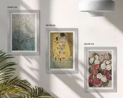 Zestaw 3 obrazów w ramie Kwiaty i drzewa w stylu malarskim motyw Pocałunek Gustava Klimta