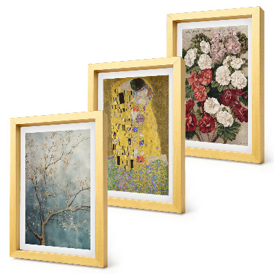 Zestaw 3 obrazów w ramie Kwiaty i drzewa w stylu malarskim Pocałunek Gustav Klimt