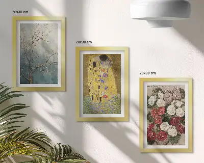 Zestaw 3 obrazów w ramie Kwiaty i drzewa w stylu malarskim motyw Pocałunek Gustava Klimta