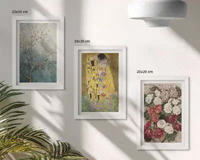 Zestaw 3 obrazów w ramie Kwiaty i drzewa w stylu malarskim motyw Pocałunek Gustava Klimta