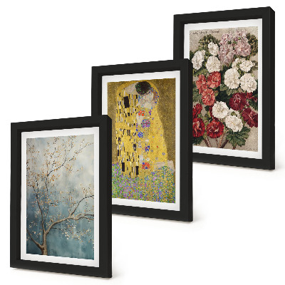 Zestaw 3 obrazów w ramie Kwiaty i drzewa w stylu malarskim Pocałunek Gustav Klimt