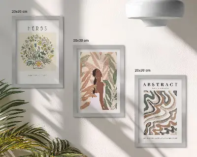 Tryptyk plakatów w ramie w estetyce minimalistycznego boho o pastelowej kolorystyce