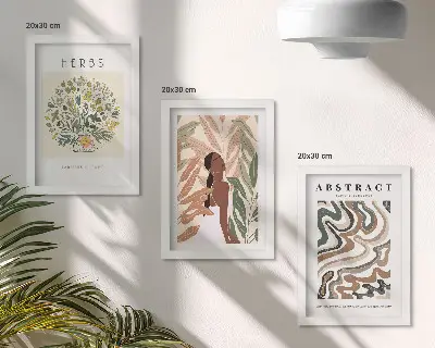 Tryptyk plakatów w ramie w estetyce minimalistycznego boho o pastelowej kolorystyce