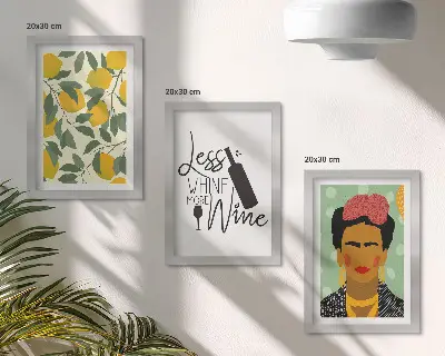 Tryptyk w ramie z motywem cytryn butelki wina i portretu Fridy Kahlo zestaw trzech obrazów w oprawie