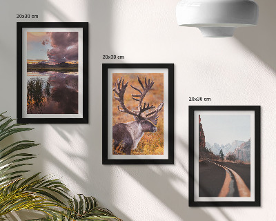 Zestaw 3 obrazów w ramie Pejzaże górskie z reniferem i drogą w naturze