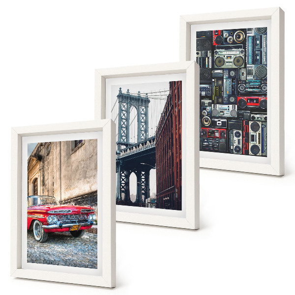 Zestaw 3 obrazów w ramie Stare auto na ulicy most Brooklyn i retro sprzęt audio