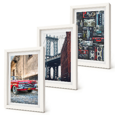 Zestaw 3 obrazów w ramie Stare auto na ulicy most Brooklyn i retro sprzęt audio
