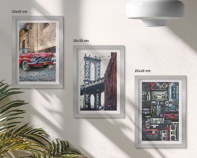 Zestaw 3 obrazów w ramie Stare auto na ulicy most Brooklyn i retro sprzęt audio