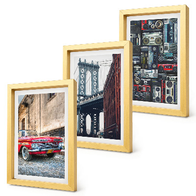 Zestaw 3 obrazów w ramie Stare auto na ulicy most Brooklyn i retro sprzęt audio
