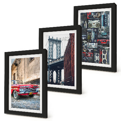 Zestaw 3 obrazów w ramie Stare auto na ulicy most Brooklyn i retro sprzęt audio