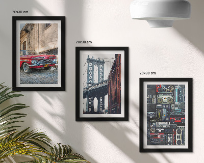Zestaw 3 obrazów w ramie Stare auto na ulicy most Brooklyn i retro sprzęt audio