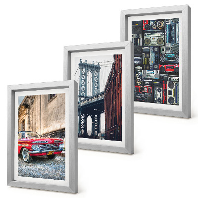 Zestaw 3 obrazów w ramie Stare auto na ulicy most Brooklyn i retro sprzęt audio