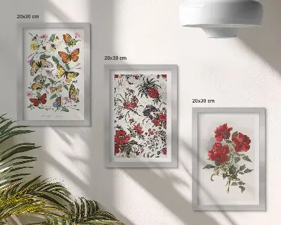 Zestaw 3 obrazów w ramie Motyle kwiaty i czerwone róże w klasycznym stylu