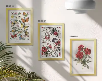 Zestaw 3 obrazów w ramie Motyle kwiaty i czerwone róże w klasycznym stylu