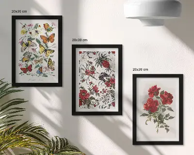 Zestaw 3 obrazów w ramie Motyle kwiaty i czerwone róże w klasycznym stylu