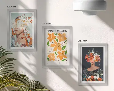 Kwiatowe portrety z kolorowymi bukietami i liśćmi zestaw 3 obrazów w ramie