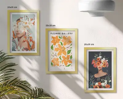 Kwiatowe portrety z kolorowymi bukietami i liśćmi zestaw 3 obrazów w ramie