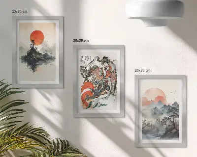 Zestaw obrazów dekoracja ścienna azjatyckie malunki z pejzażami i portretem w stylu japandi