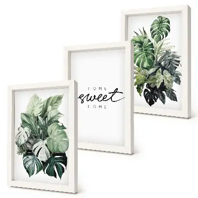 Tryptyk w ramie Rośliny w zieleni z napisem Sweet Home