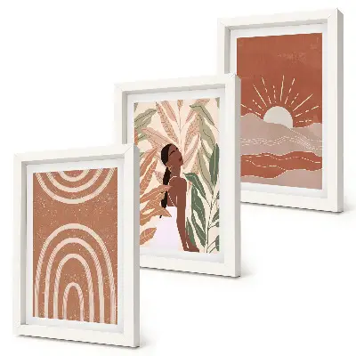 Zestaw 3 obrazów w ramie z motywem abstrakcyjnych kształtów i ilustracji w stylu boho